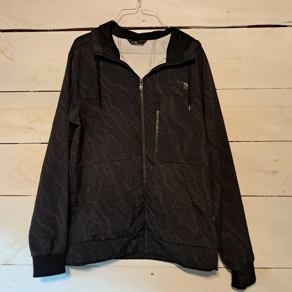 The North Face Mens Full Zip Jacket Size Small Black Pattern Windwall Hooded